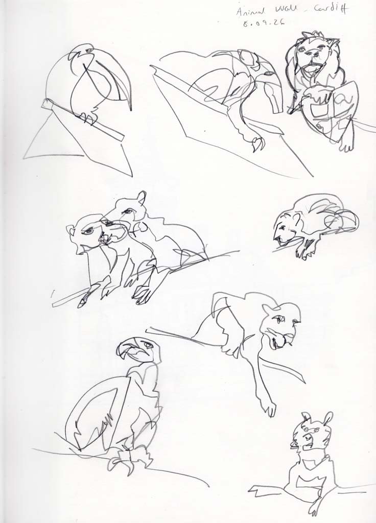Pencil drawings of animals including a leopard