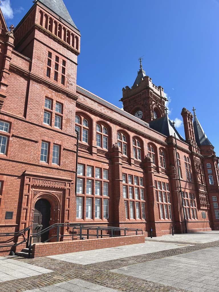 A large red building with lots of windows