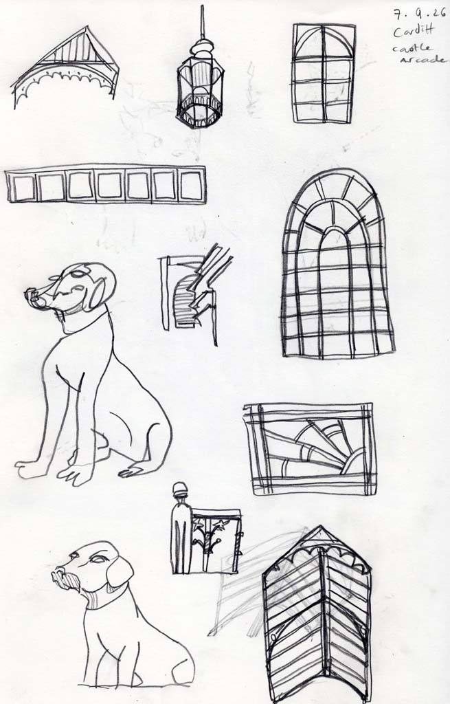 Pencil drawings of details from the arcade